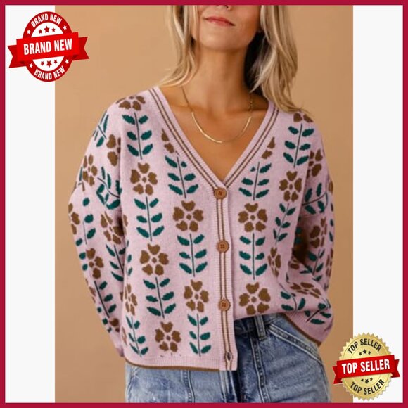 Floral Print V-Neck Cardigan Long Sleeve Loose Fit Button Front Sweater - Picture 2 of 7